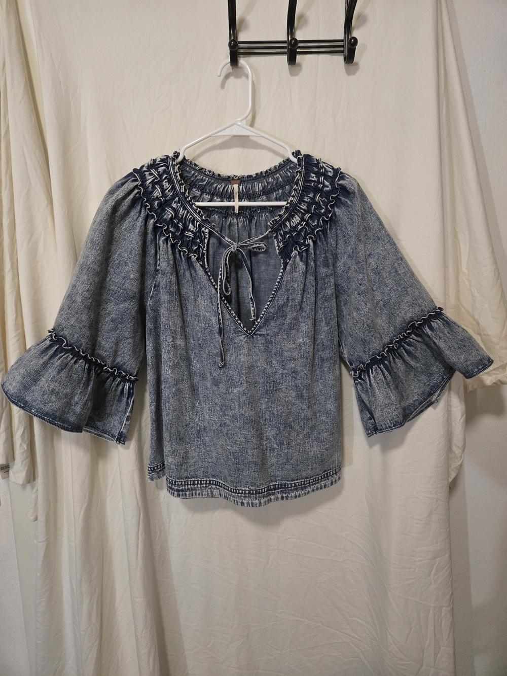 Free People Indigo Wash Denim Smocked Yoke Peasant Top XS